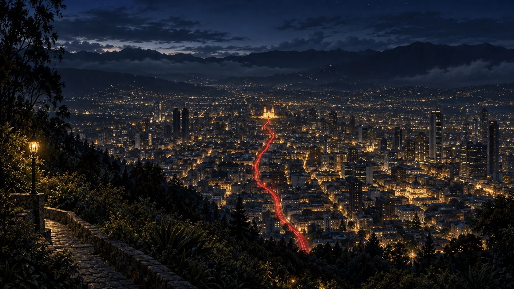 Bogotá de noche vista desde Monserrate, con un camino de luz carmesí que atraviesa las calles hasta un edificio iluminado a lo lejos.