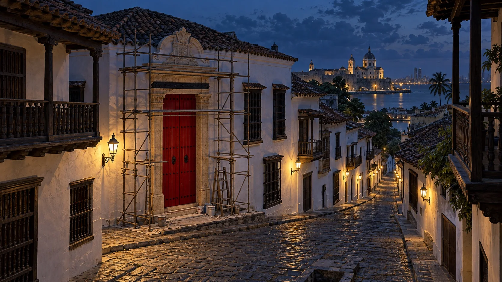 A colonial street in Cartagena at dusk, where scaffolding frames an old white house whose tall wooden door has just been painted crimson.
