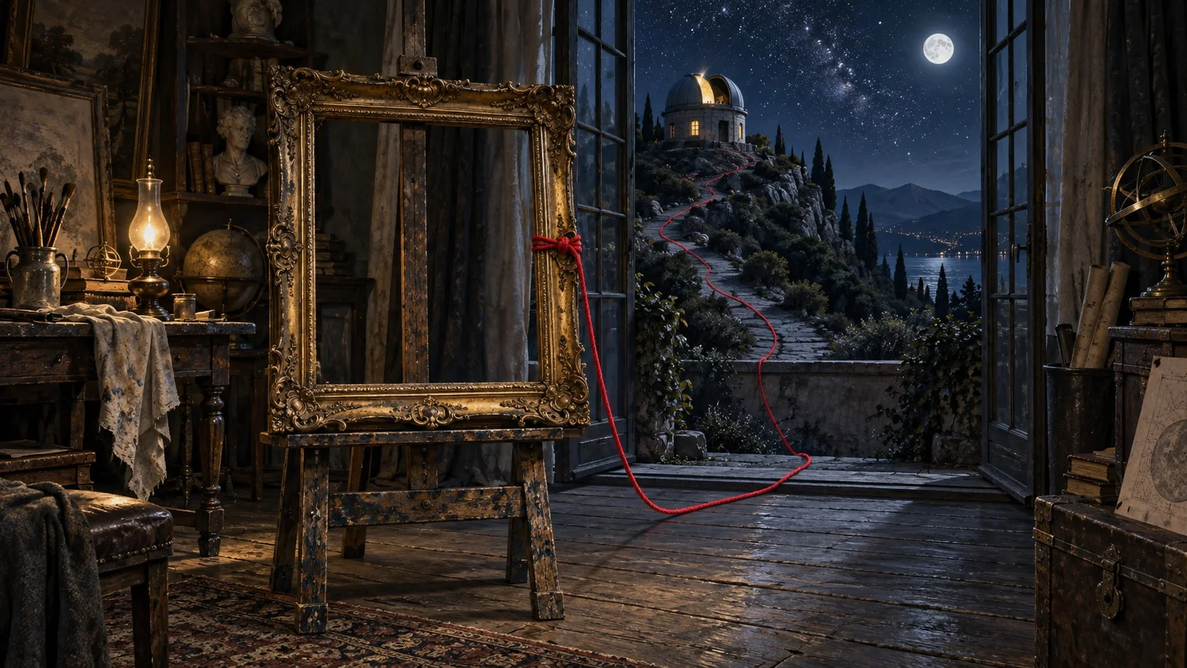 An empty gilded picture frame on an easel in a painter's studio at night, with a crimson thread running from the frame out of an open window and up a hillside path to a lit observatory under the stars.