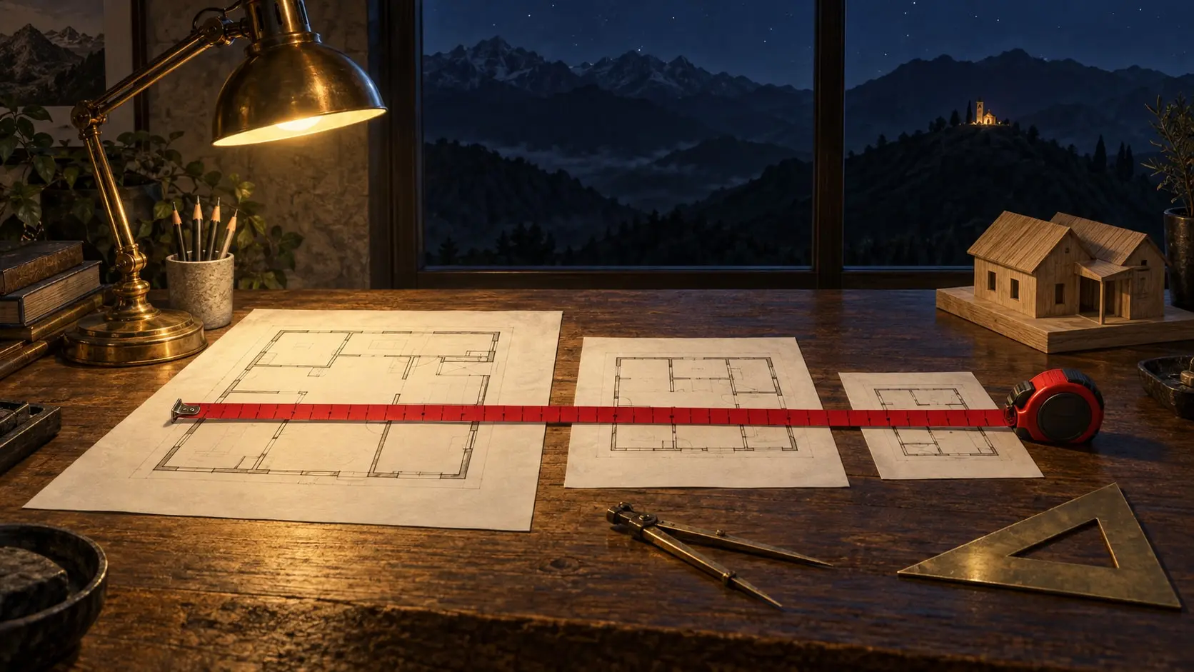 An architect's drafting table at night under a brass lamp, with three blank floor plans of different sizes and a crimson measuring tape stretched across all of them, Andean mountains beyond the window.