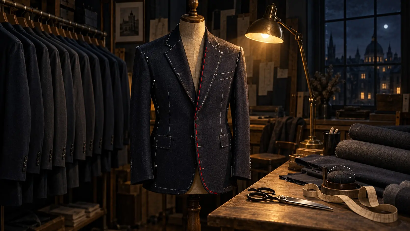 A tailor's workshop at night: a rail of identical ready-made dark jackets in shadow, and in the lamplight a jacket on a dress form being fitted, with a line of crimson basting thread along its seam.