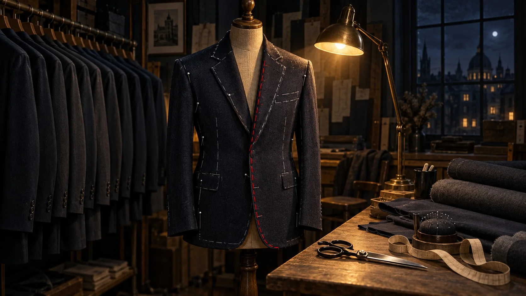 Un taller de sastre de noche: un perchero de chaquetas oscuras idénticas en la sombra y, bajo la lámpara, una chaqueta en un maniquí que se está ajustando, con una línea de hilo carmesí a lo largo de la costura.