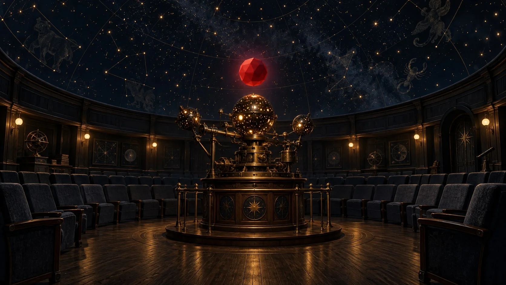 The interior of an old planetarium at night: a brass star projector casts amber points of light across a navy dome, and a small faceted crimson planet hovers above it.