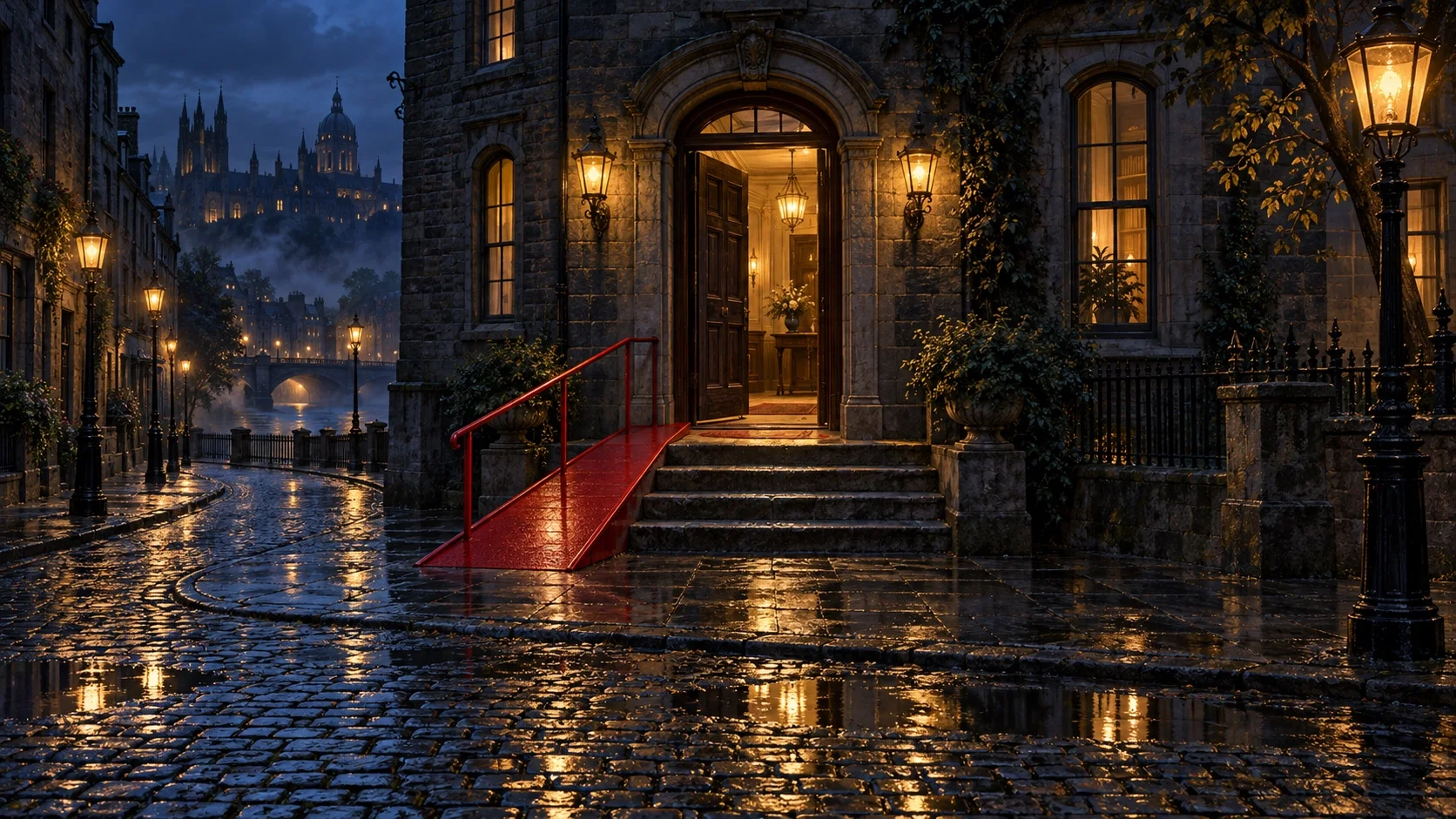 A cobbled street at blue hour where a crimson ramp rises beside worn stone steps to an open, lamp-lit doorway, the only red element in a scene of navy and slate.