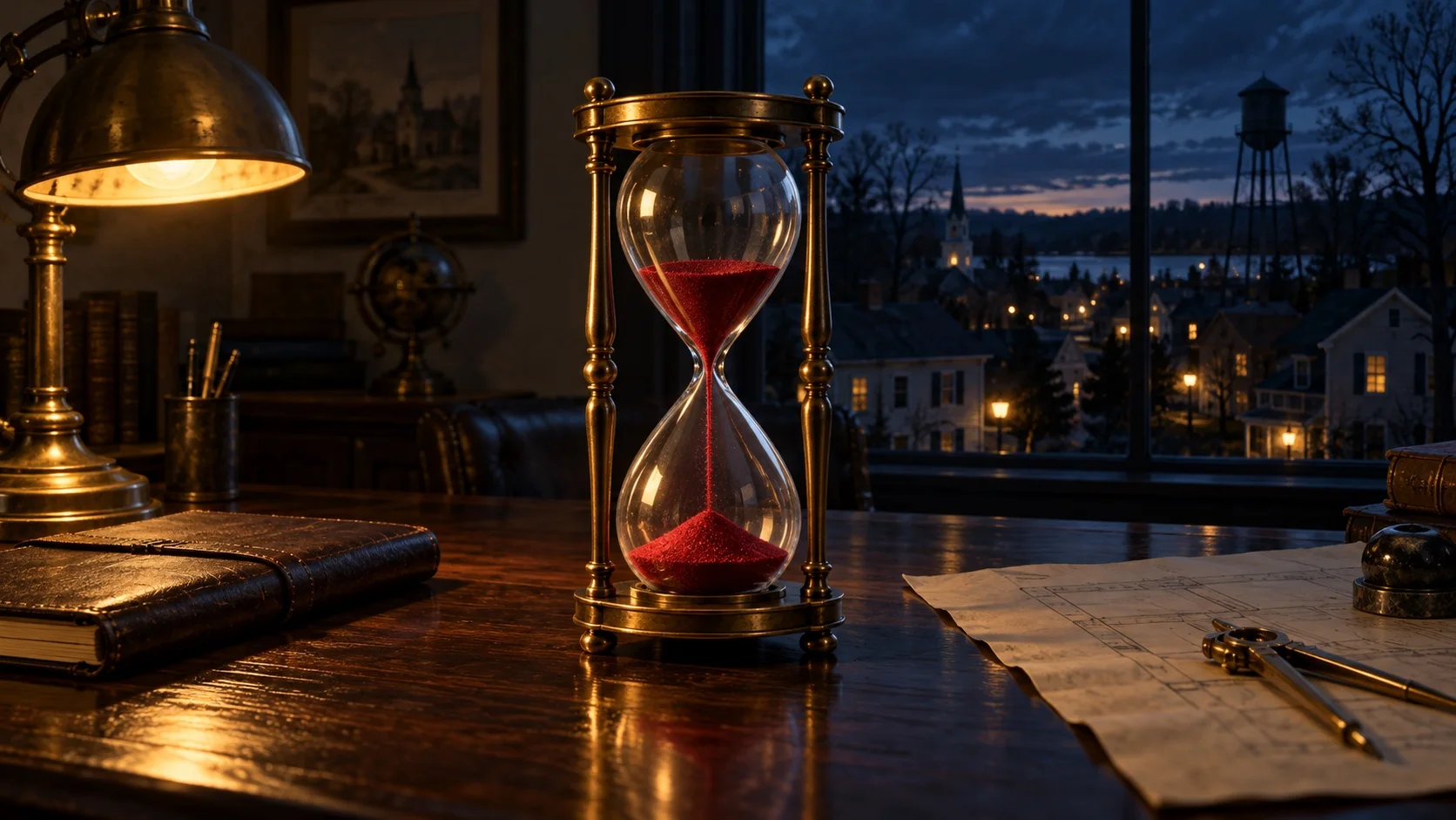 An antique brass hourglass with crimson sand on a walnut desk at night, lit by an amber lamp, with a small town's clapboard houses and a water tower beyond the window.