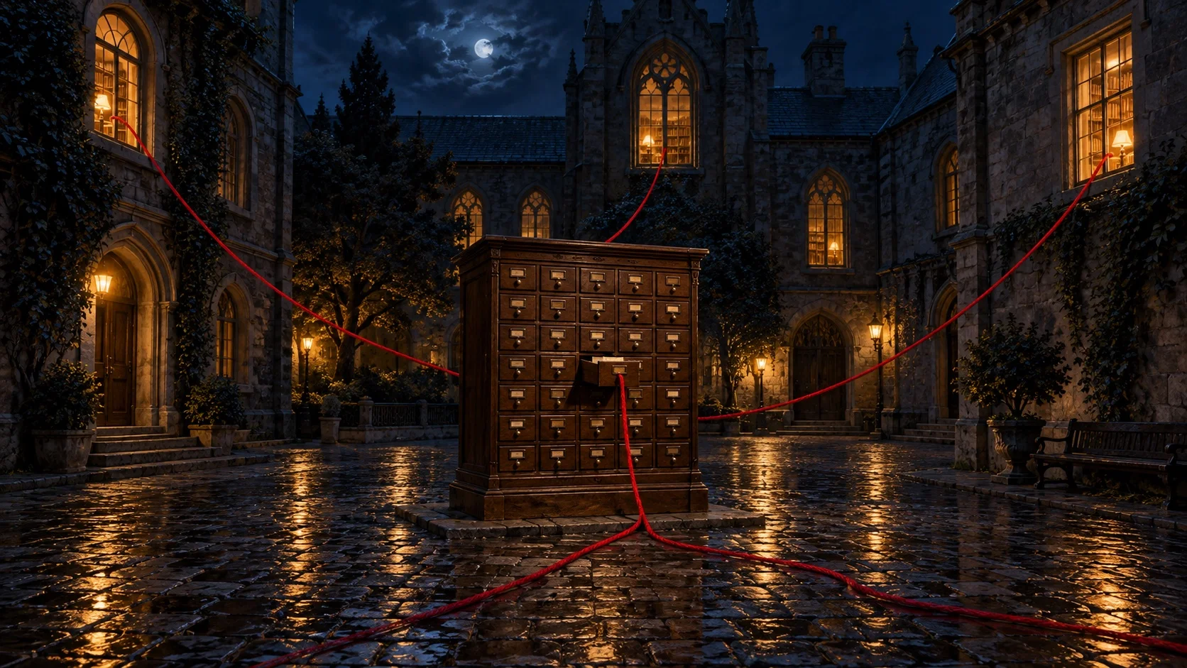 Un archivador antiguo de fichas en un patio empedrado de noche, con un cajón abierto y un hilo carmesí que cruza las piedras mojadas hasta tres ventanas iluminadas.
