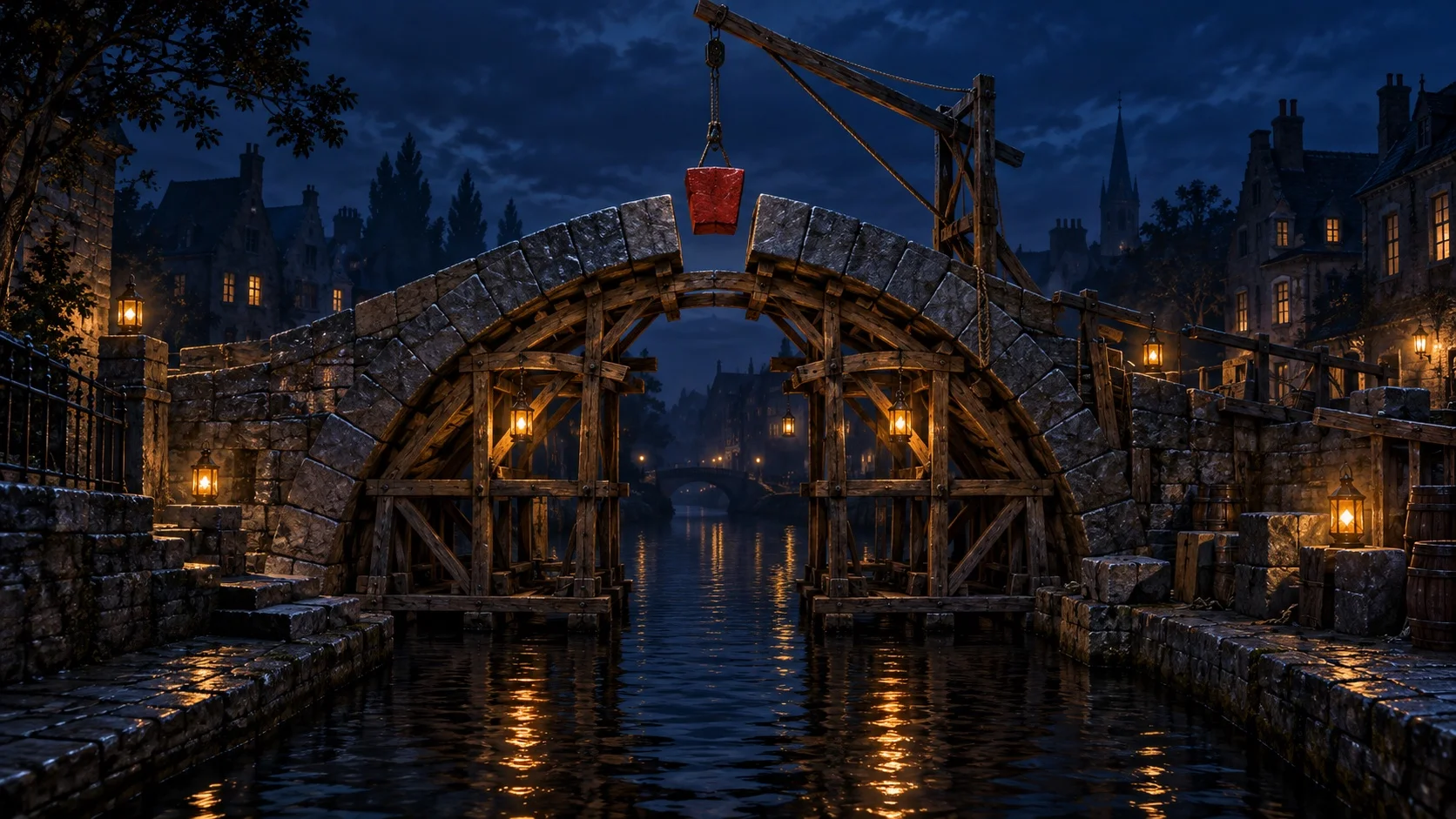 A half-built stone arch bridge over a canal at dusk, lit by lanterns on wooden scaffolding, as a crimson keystone is lowered by rope into the last gap at the top of the arch.