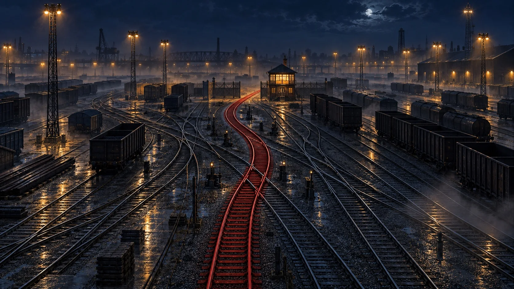 A misty railway yard at blue hour under amber lamps, where one crimson rail line curves through rows of grey tracks toward a lit signal box at an open gate.