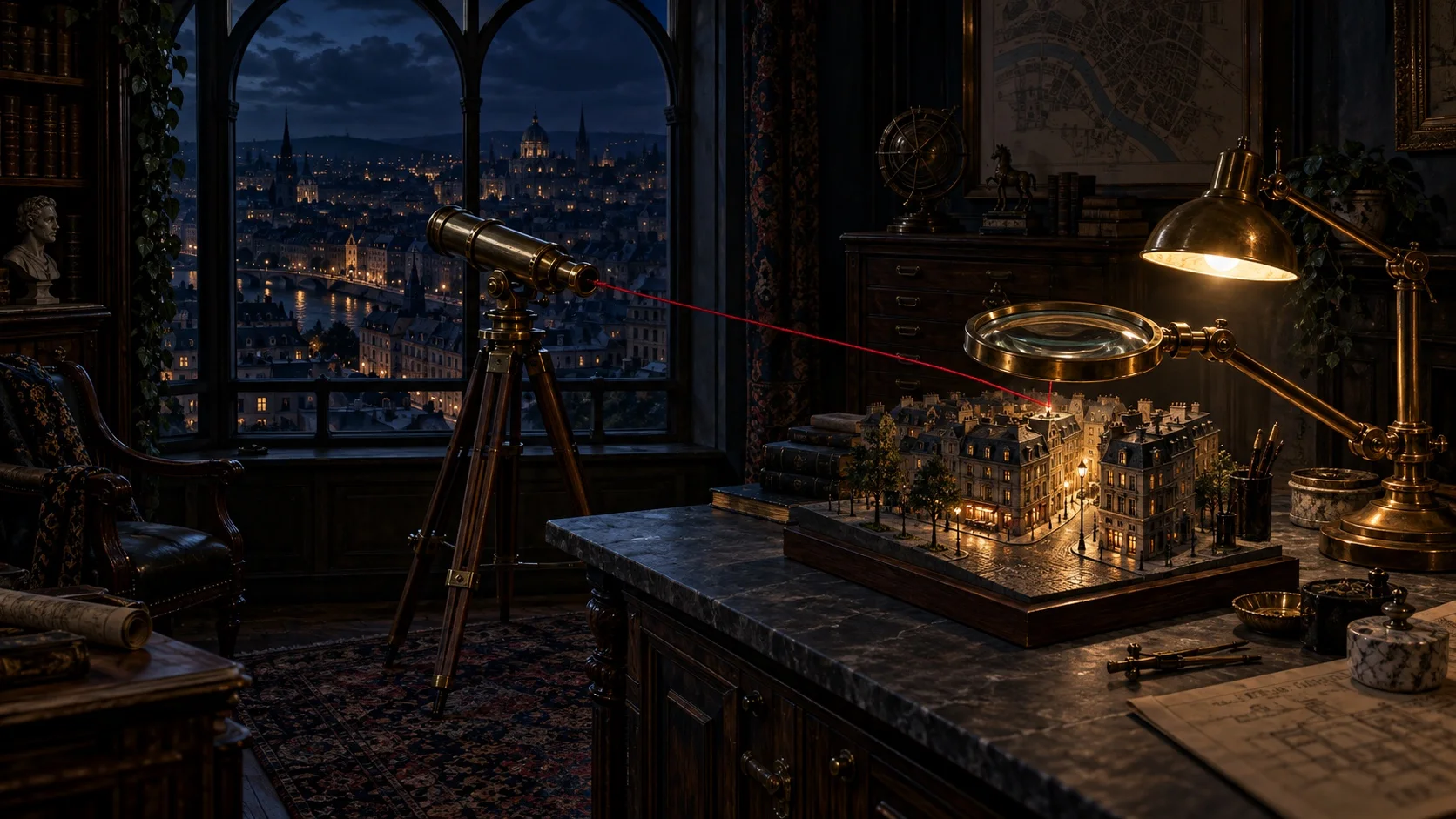 Una sala de mapas en penumbra de noche: un telescopio de latón apuntado a la ciudad y una lupa sobre una calle en miniatura unidos por un único hilo carmesí.