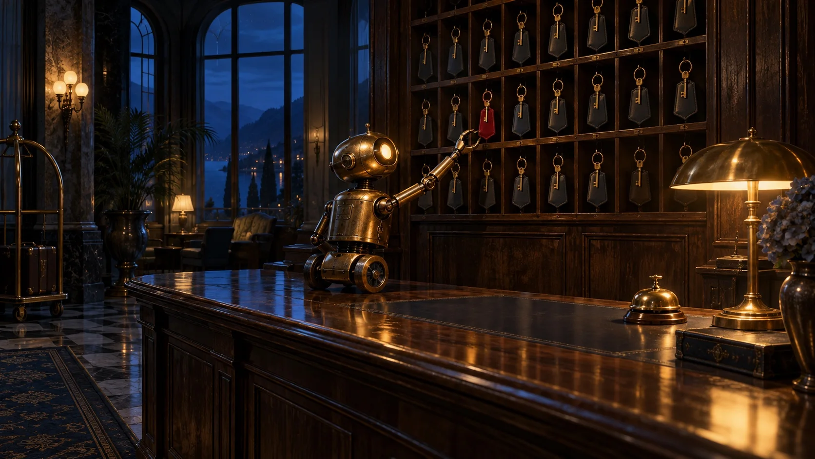 An empty hotel reception at night where a small brass robot on the counter reaches for a single crimson key tag, in front of a wall of pigeonholes holding brass keys.