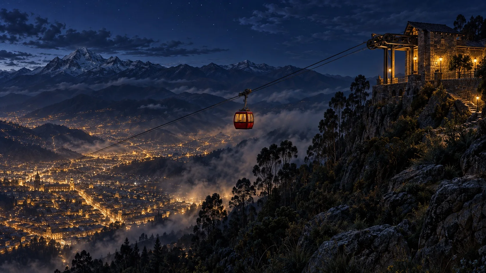 A crimson cable-car cabin crossing a misty Andean valley at blue hour, between the amber lights of a city below and a lamplit mountain station on the ridge.