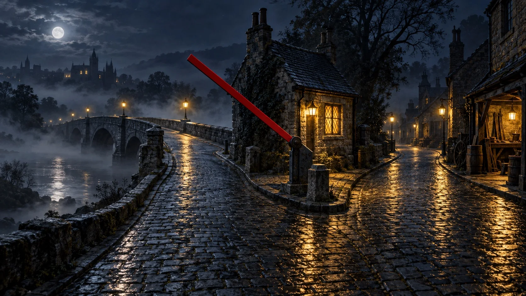 A misty river crossing at night: an old stone toll house beside a fork in a cobbled road, one way over an arched bridge, the other toward lamplit workshops, with a raised crimson toll barrier at the fork.