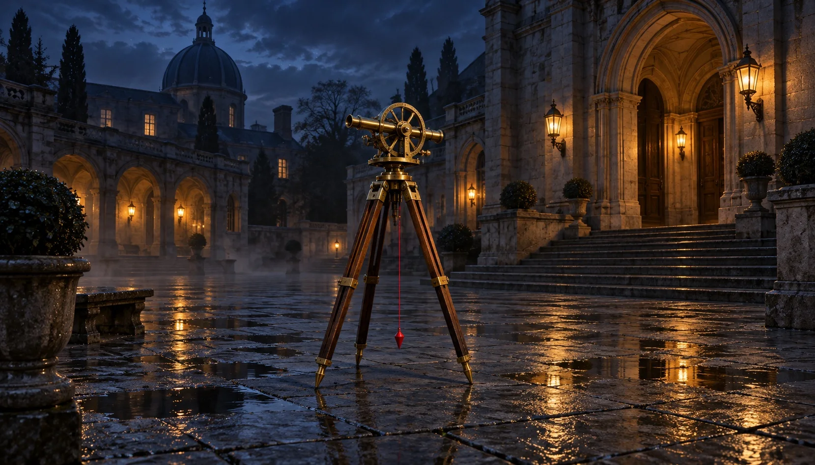 A stone courtyard of an old public building at blue hour, with a brass surveyor's theodolite on a tripod at the centre and a single crimson plumb line hanging from it.