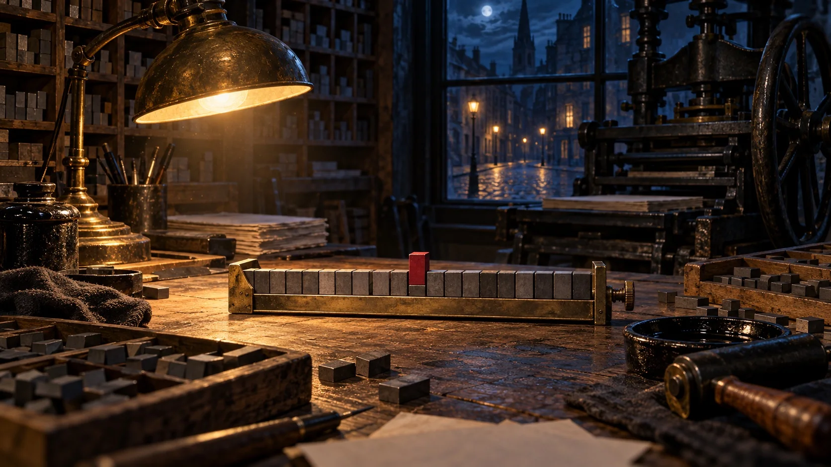 An old letterpress print shop at night, with a brass composing stick of blank type on the workbench and one crimson type block lifted above the rest.