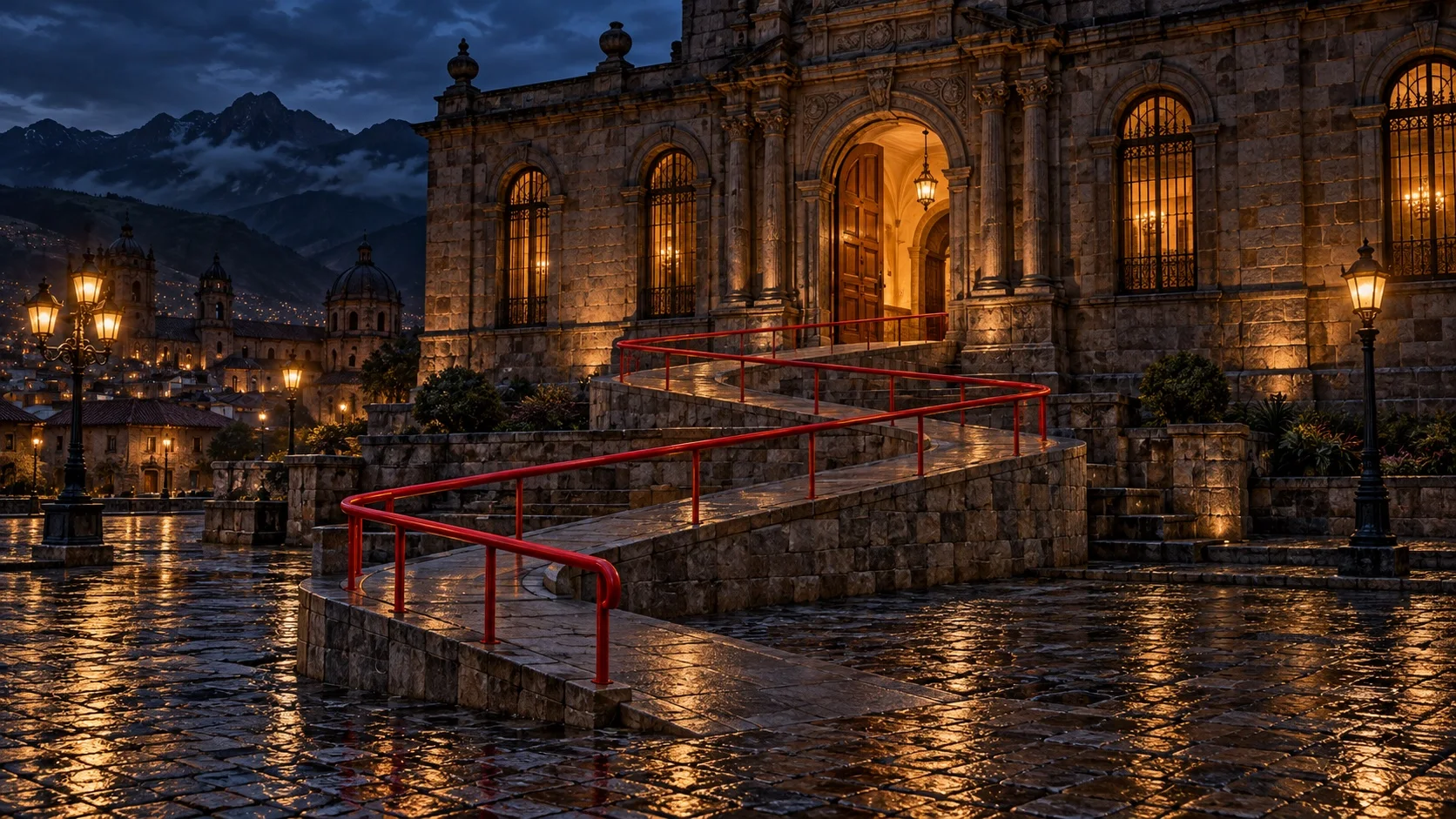 Una rampa de piedra con un pasamanos carmesí sube en zigzag hasta la puerta iluminada de un edificio público antiguo, de noche, frente a una plaza mojada y con montañas al fondo.