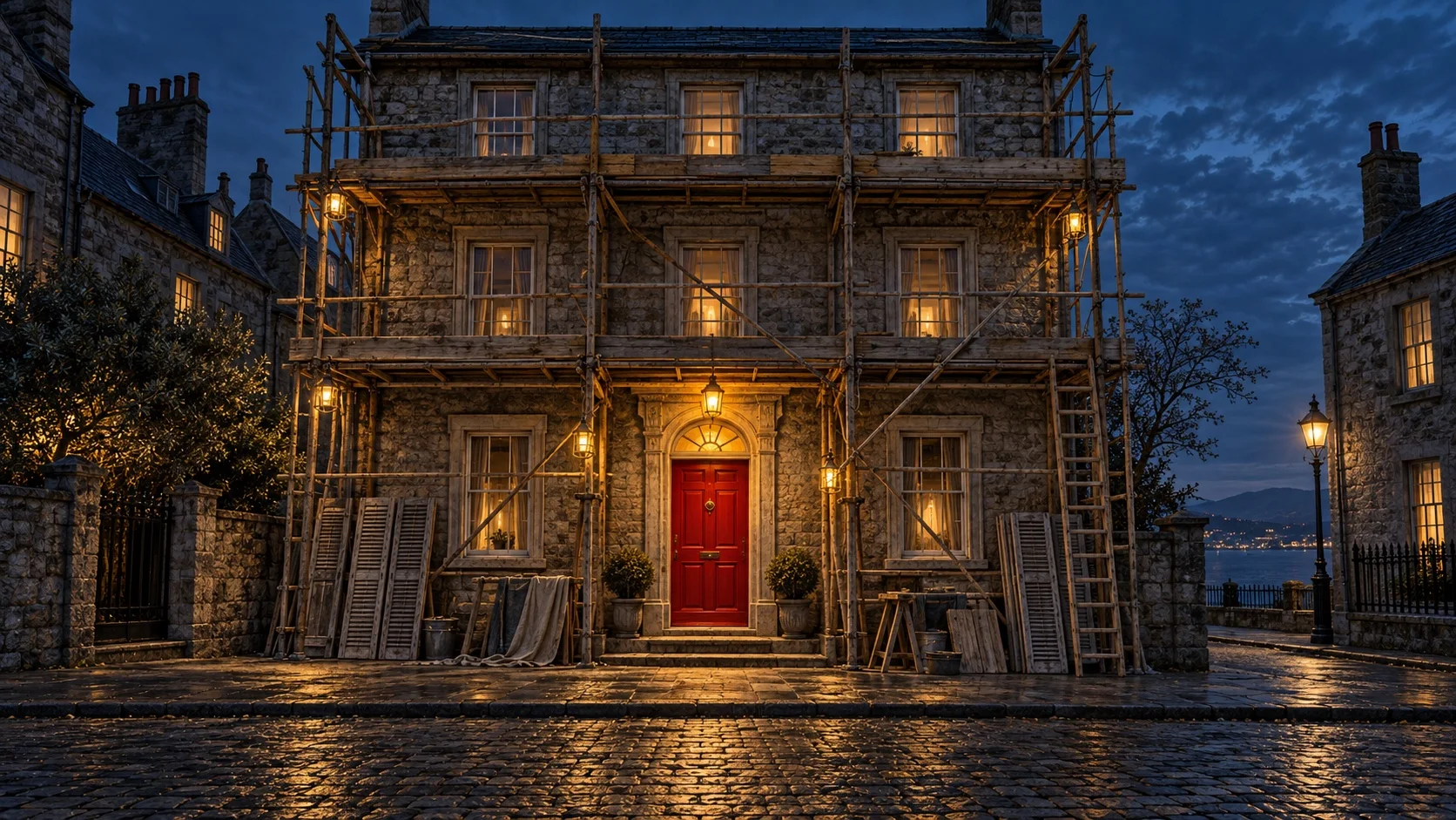 An old stone townhouse at night wrapped in wooden scaffolding under amber work lamps, its old shutters stacked on the pavement and a newly fitted crimson front door at the centre.
