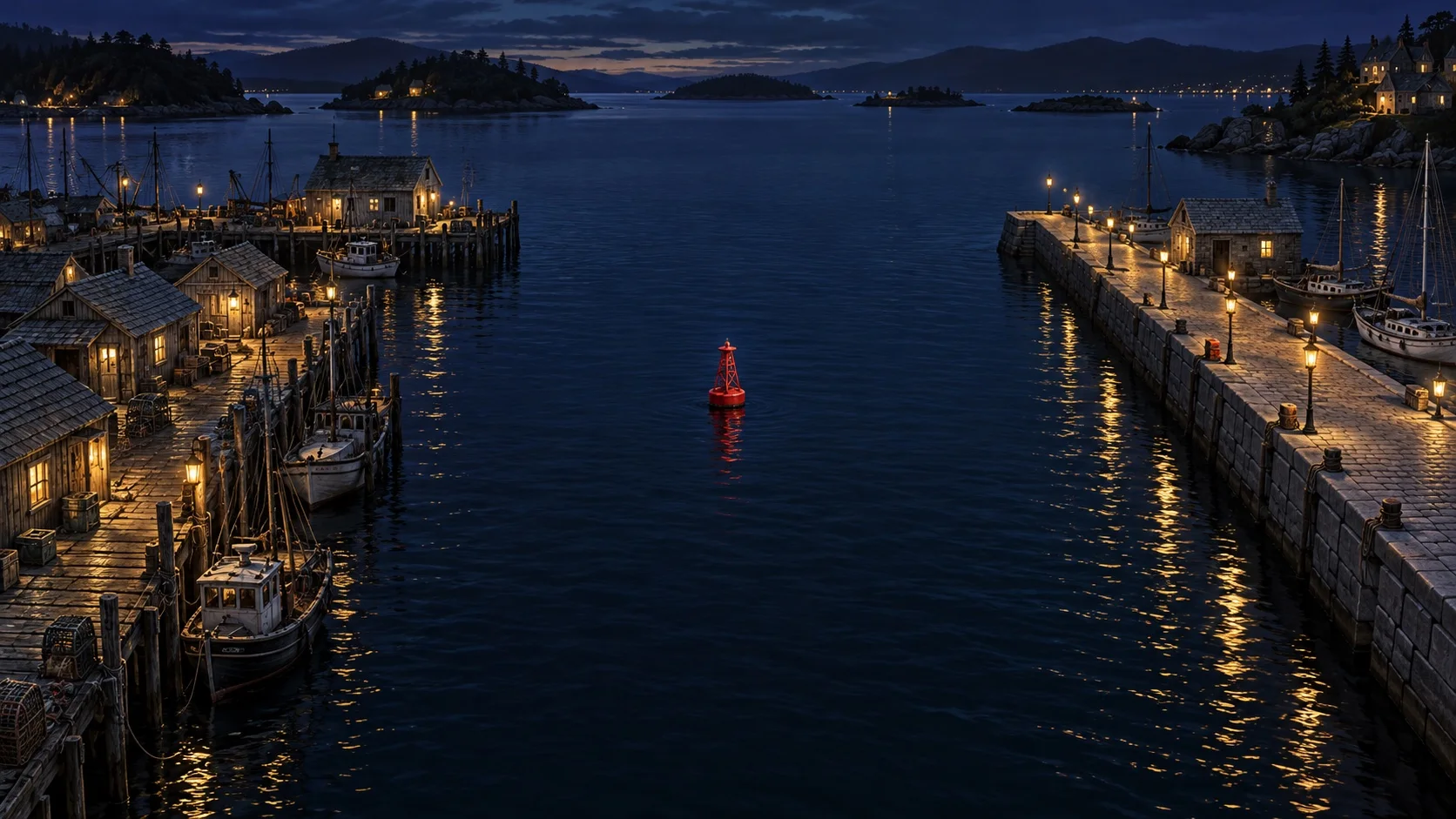 A harbour at night with two different piers, one of crowded old timber and one of clean cut stone, and a single crimson channel buoy floating between them.