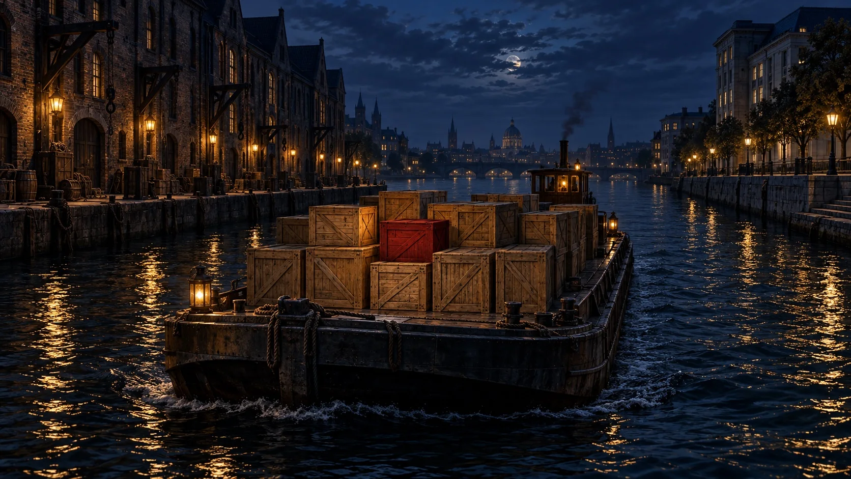 A cargo barge crossing a dark canal at night between an old lamplit warehouse quay and a newer stone quay, its deck stacked with wooden crates and one crimson crate at the centre.