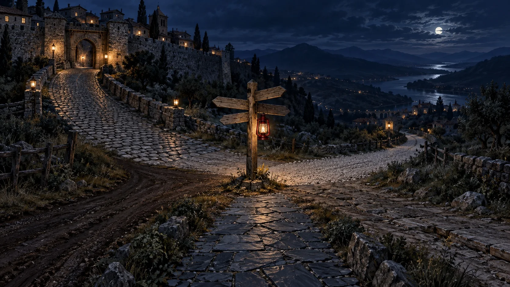 A hilltop crossroads outside an old walled town at night, roads of cobbles, dirt and stone fanning into the valley, with a blank wooden signpost at the centre holding a crimson lantern.