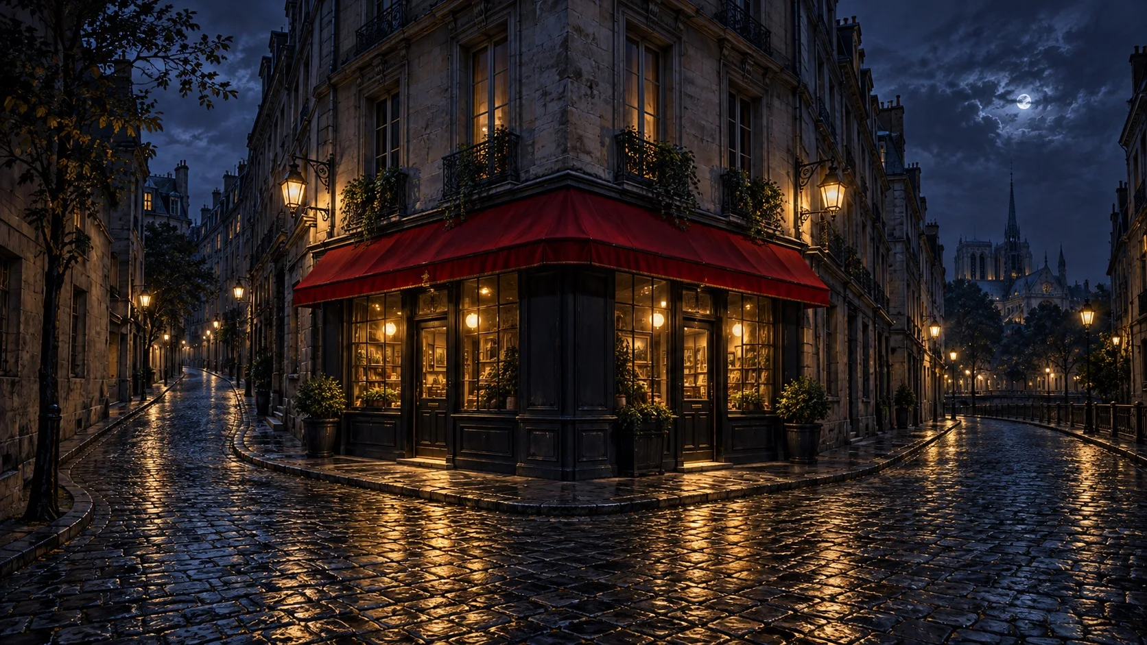A corner shop where two old city streets meet at night, with a lamplit doorway onto each street and a crimson awning wrapping around the corner between them.