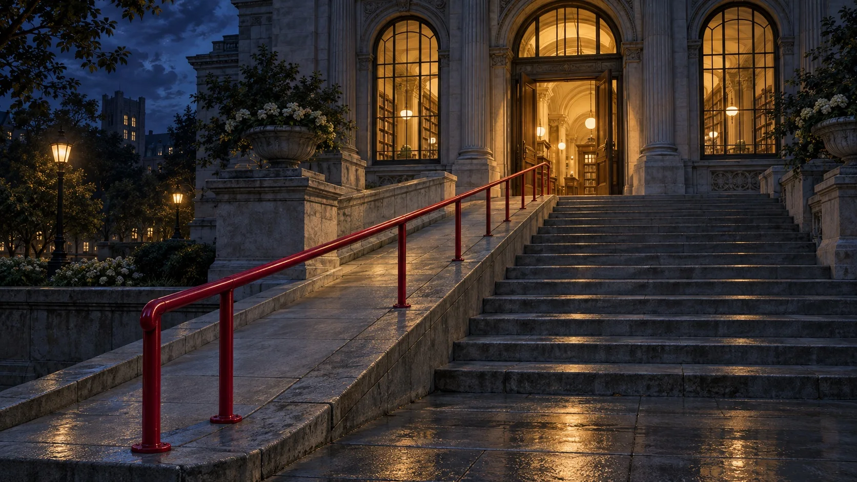 A escadaria de pedra de uma antiga biblioteca pública à noite, iluminada pelas janelas em arco, com uma rampa ao lado dos degraus e um corrimão carmesim que sobe até as portas abertas.