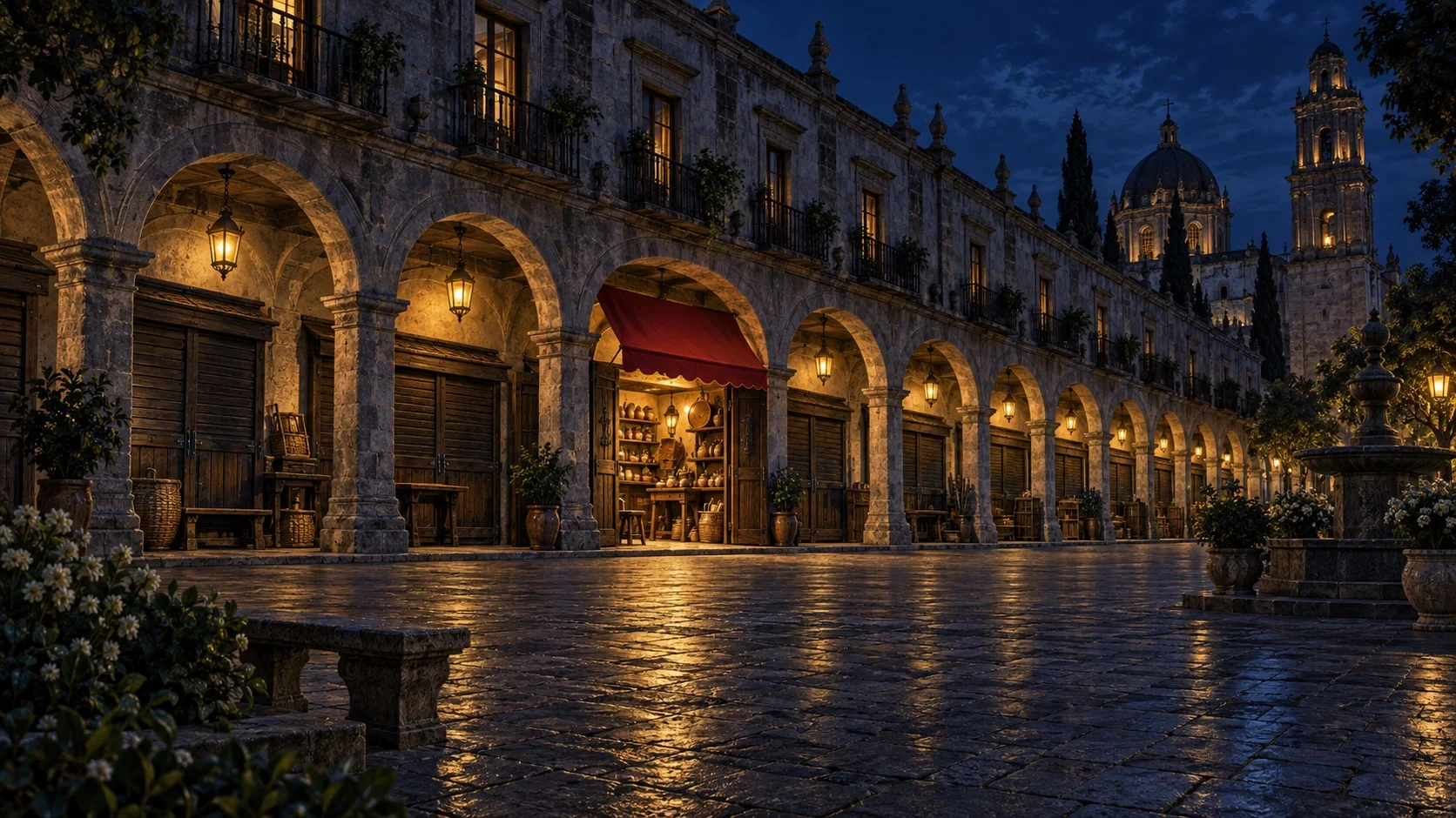 Los portales de piedra de una plaza colonial mexicana de noche, con pequeños talleres bajo los arcos casi cerrados y uno abierto bajo un toldo carmesí.