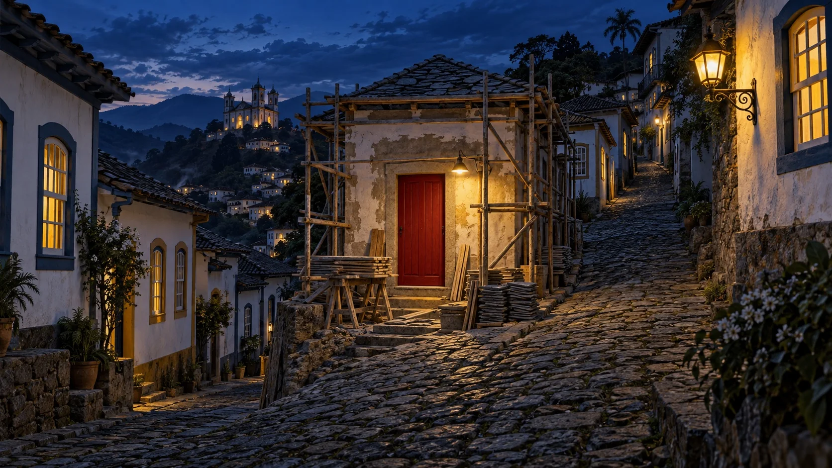 Uma rua de pedra numa cidade colonial brasileira ao anoitecer, com uma pequena casa em construção envolta em andaimes de madeira e uma porta nova pintada de carmesim.