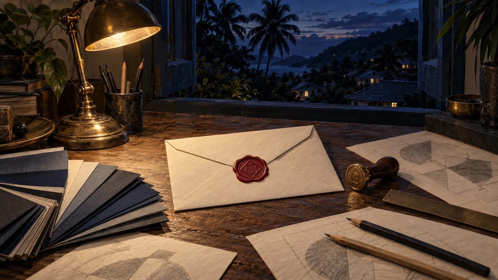 Uma mesa de designer à noite, com leques de amostras de papel, esboços geométricos, um carimbo de latão e um envelope fechado por um único selo de cera carmesim.