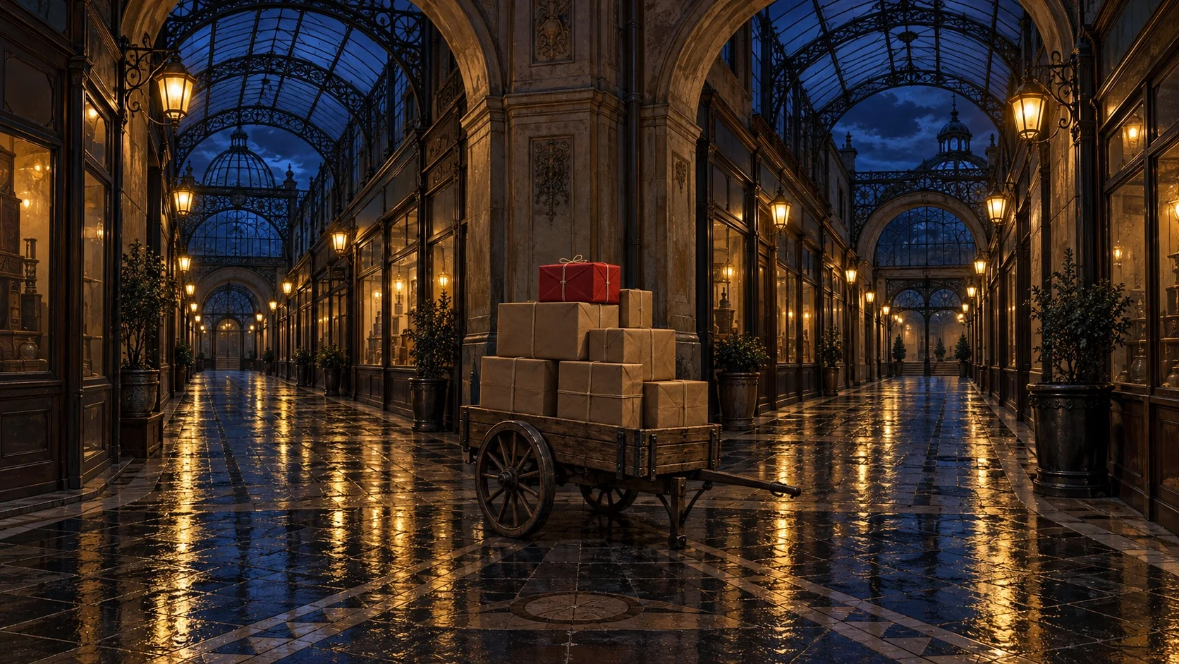 Uma galeria comercial antiga à noite que se divide em duas passagens, com um carrinho de madeira cheio de caixas na bifurcação e um único pacote embrulhado em papel carmesim no topo.