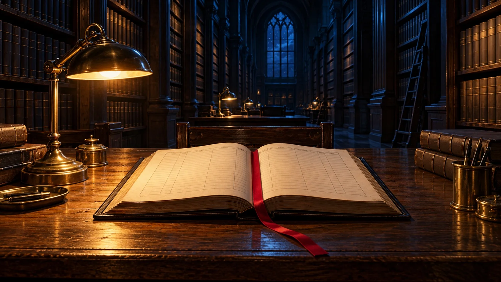 An open ledger with ruled blank columns lies under a brass lamp in a dark archive, a crimson ribbon bookmark trailing from its pages.