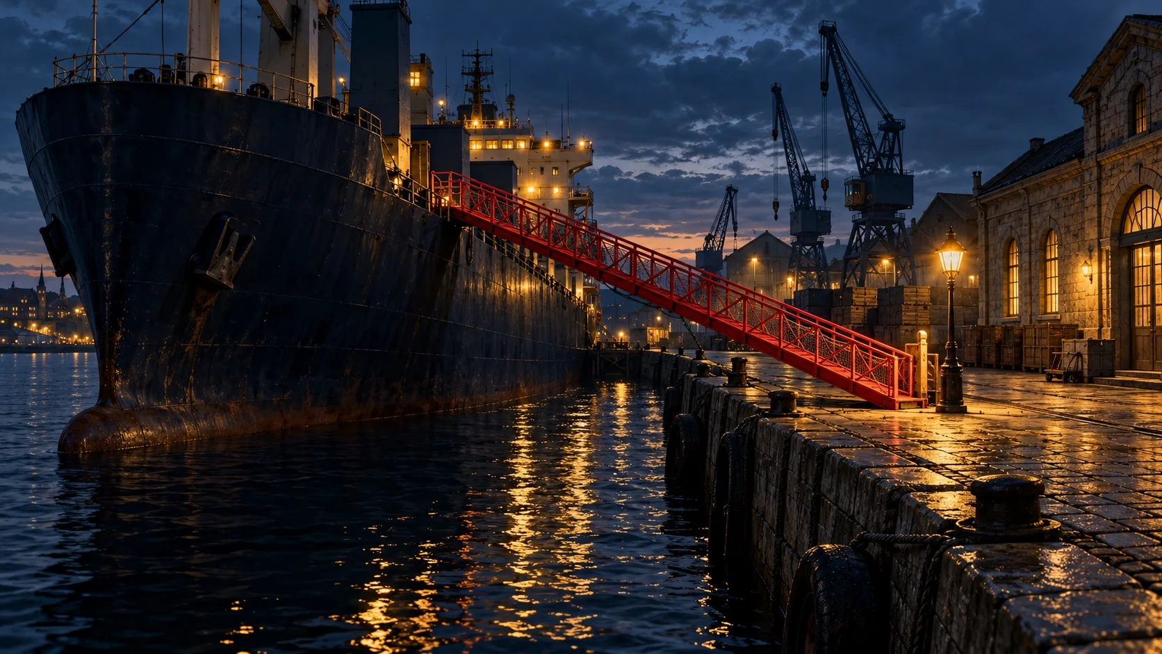 A cargo ship moored at a lamplit stone quay at dusk, joined to the shore by a single crimson gangway.
