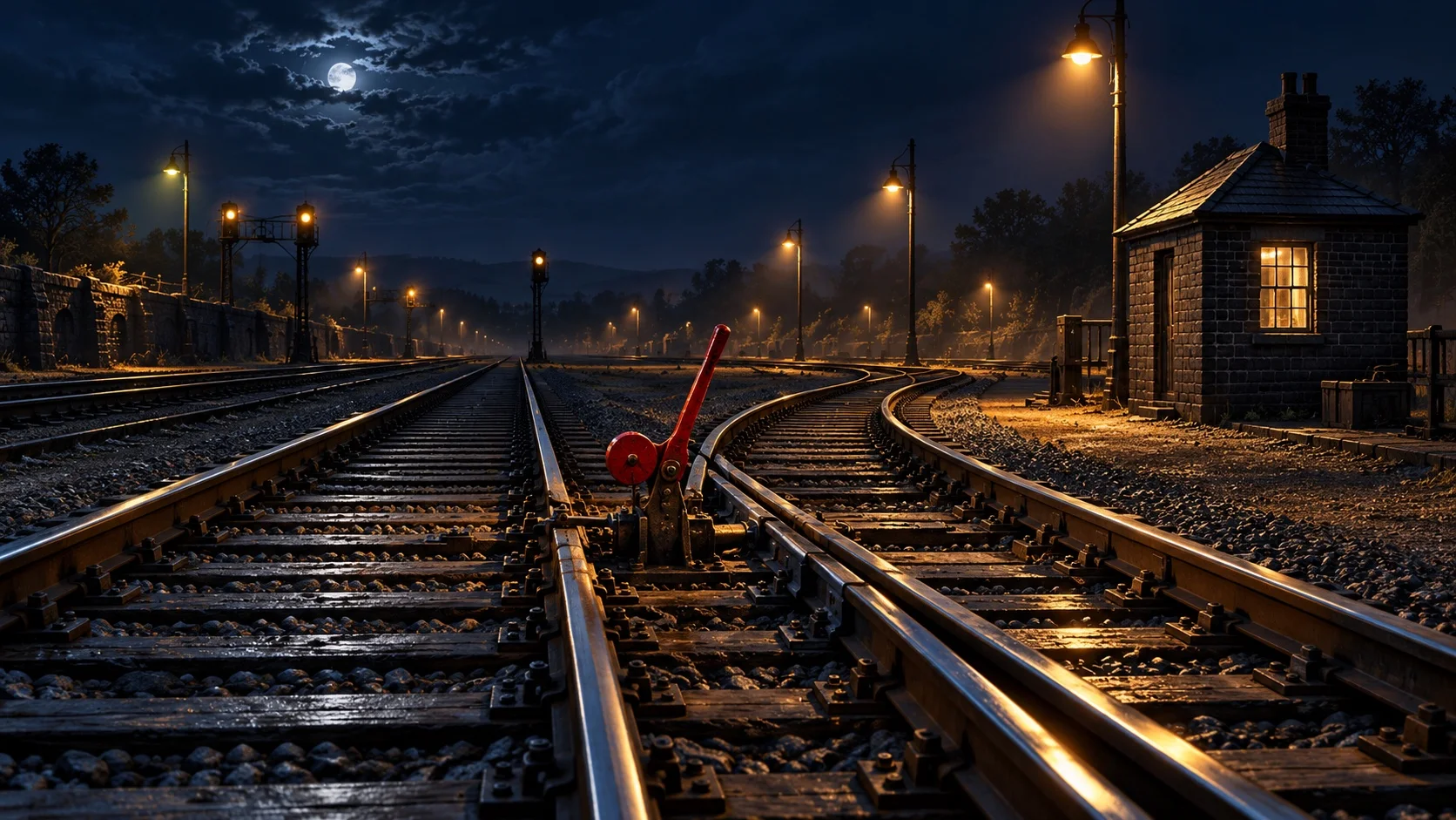 A crimson switch lever stands beside a lamplit rail junction at night, where one track divides into two.