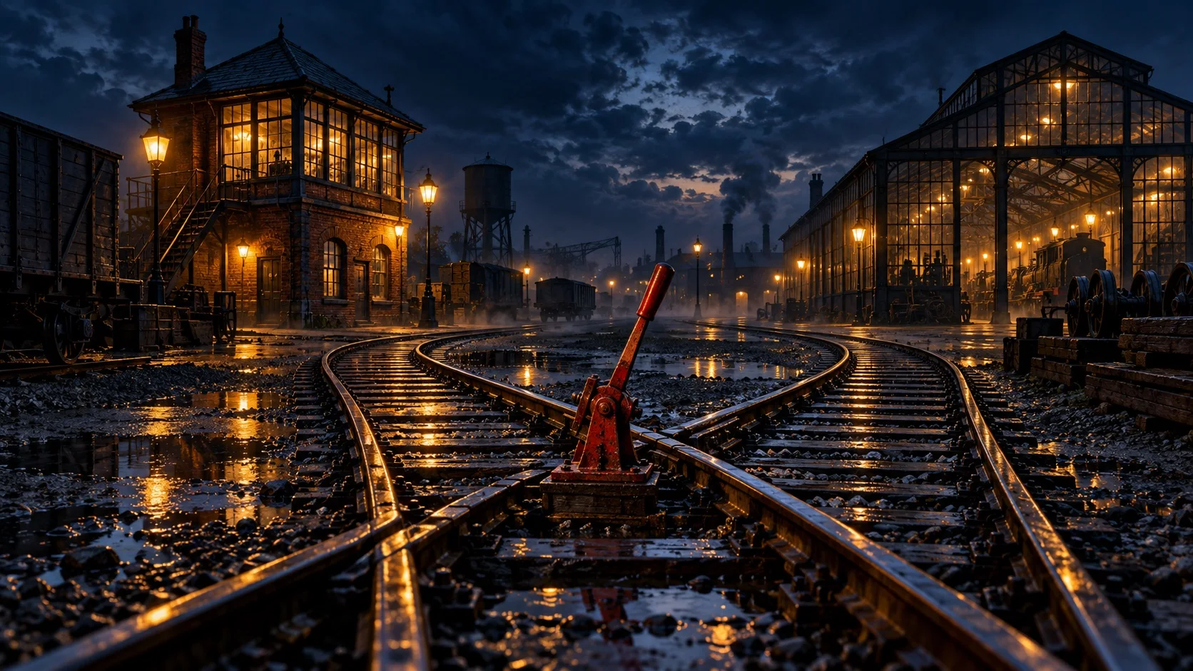 A rail yard at dusk where two tracks split toward a lamplit signal house and a glowing glasshouse workshop, with a crimson switch lever at the fork.