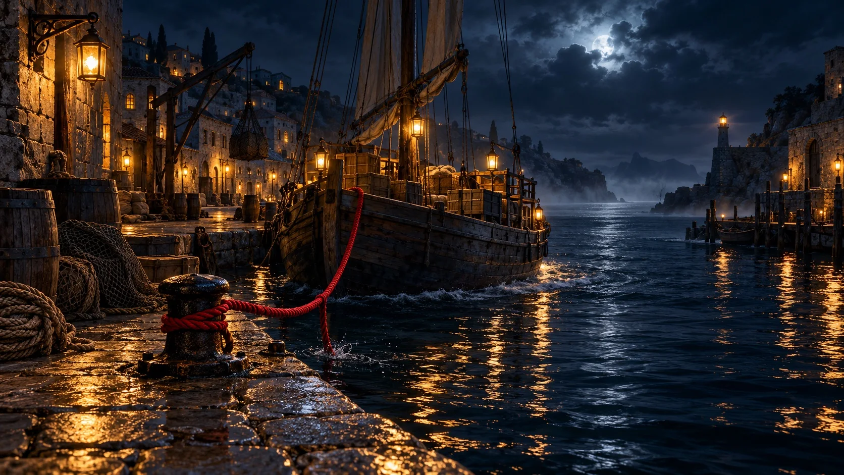 A lamplit stone harbour at night where a wooden cargo boat is about to leave, its crimson mooring rope slipping off an iron bollard.