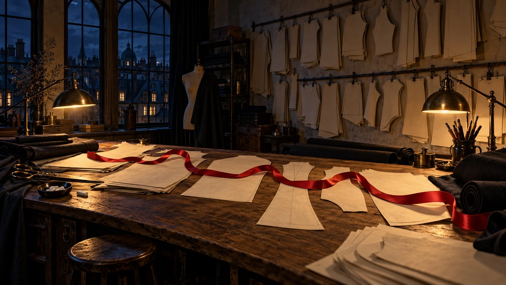 A tailor's workshop at night with paper patterns pinned to the wall and spread on a lamplit table, linked by a single crimson silk ribbon.