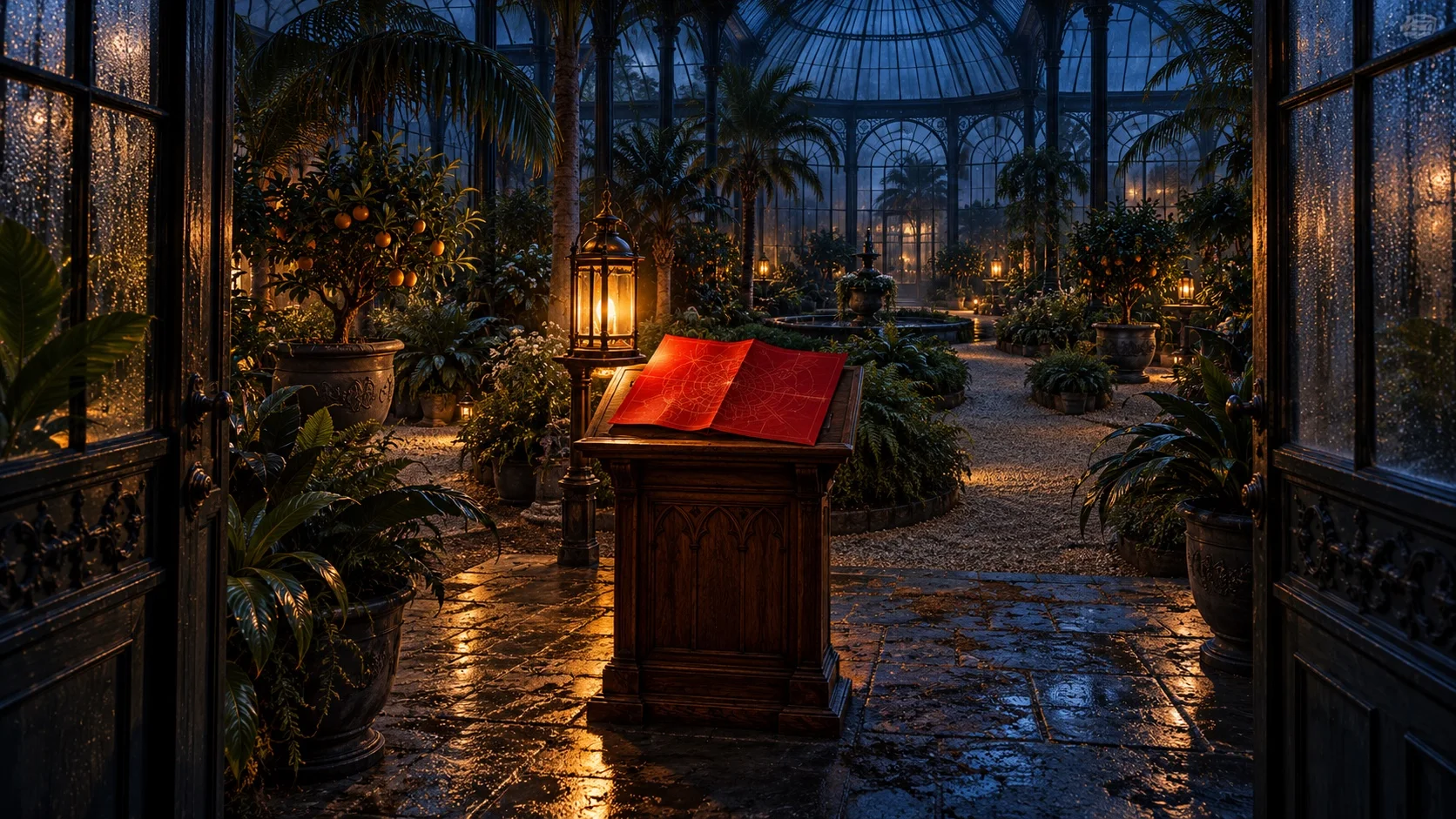 A night-time glasshouse with branching paths between palms, and a crimson folded map lying on a lantern-lit lectern at the entrance.