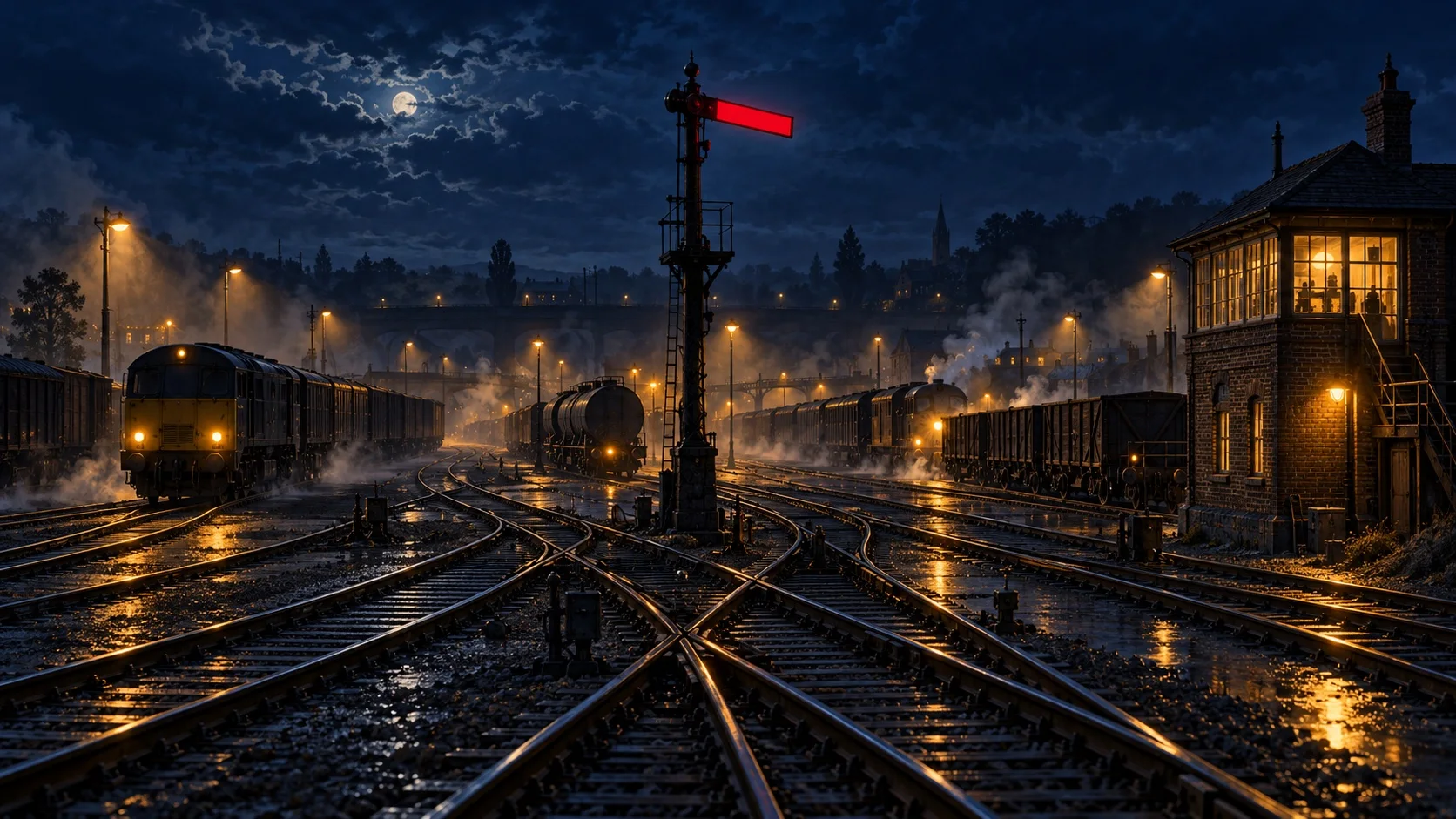 Um pátio ferroviário com neblina, à noite, onde trens esperam em trilhos que se ramificam sob um único braço de semáforo vermelho-carmim erguido sobre o entroncamento.