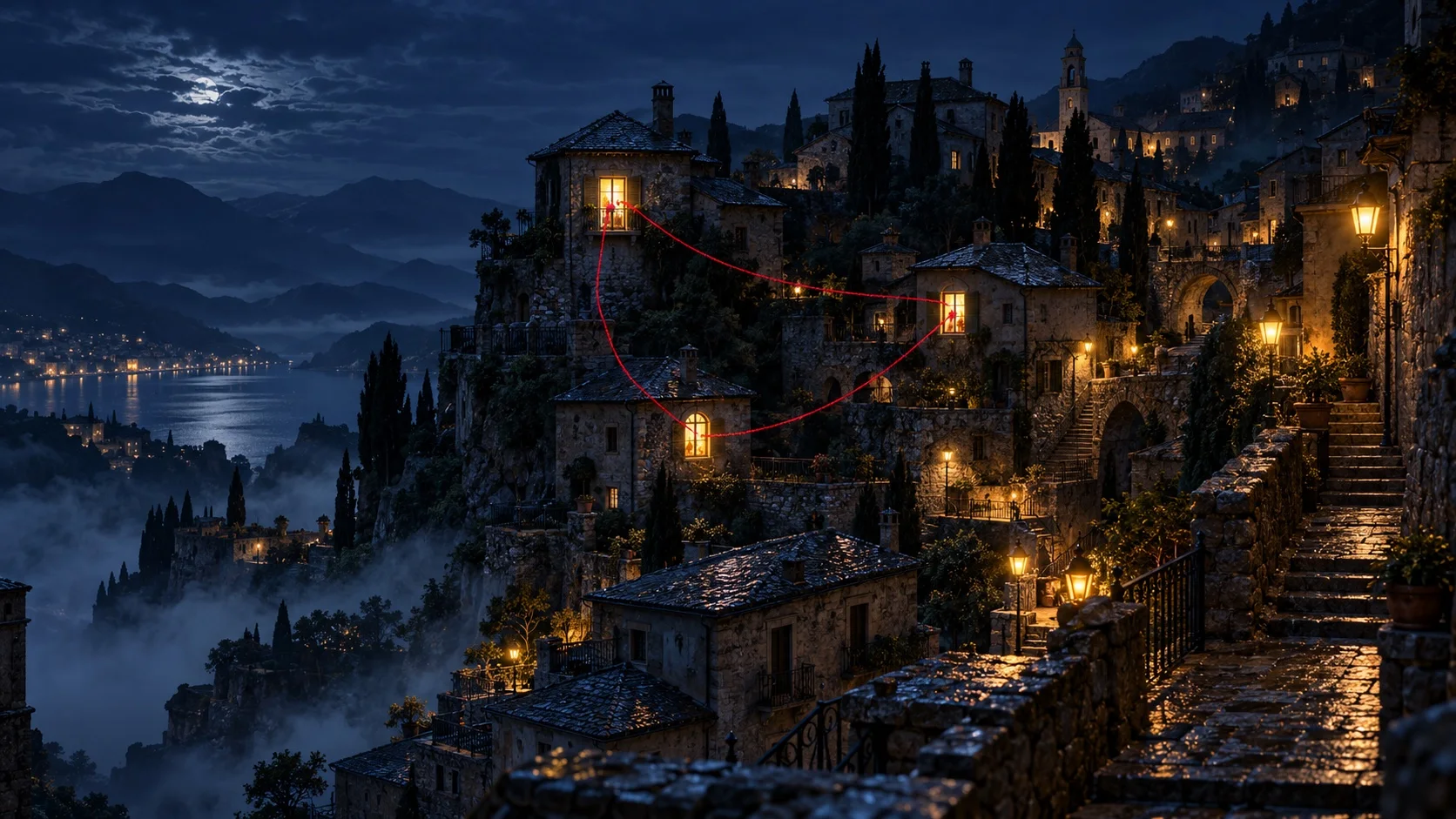 Un pueblo en una ladera al anochecer donde un único hilo carmesí une en un circuito continuo tres ventanas iluminadas en terrazas distintas.