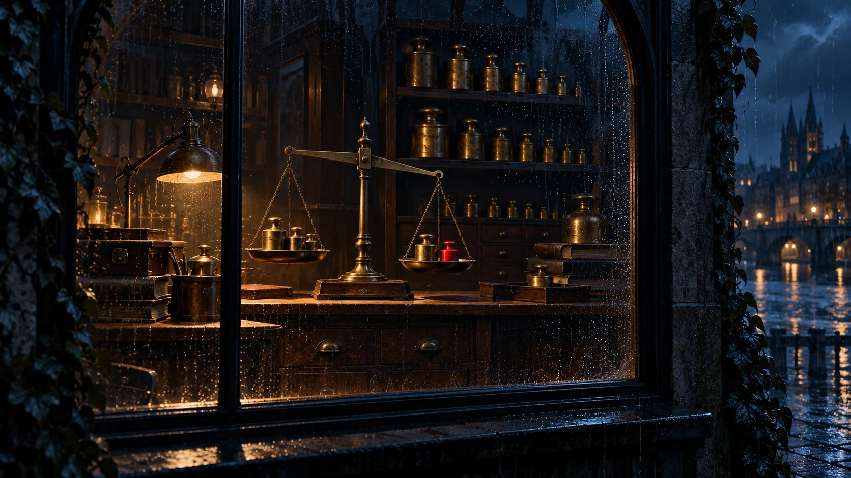 A lamplit weights-and-measures office at dusk, with a brass balance scale tipped by a single small crimson weight among dark brass ones.