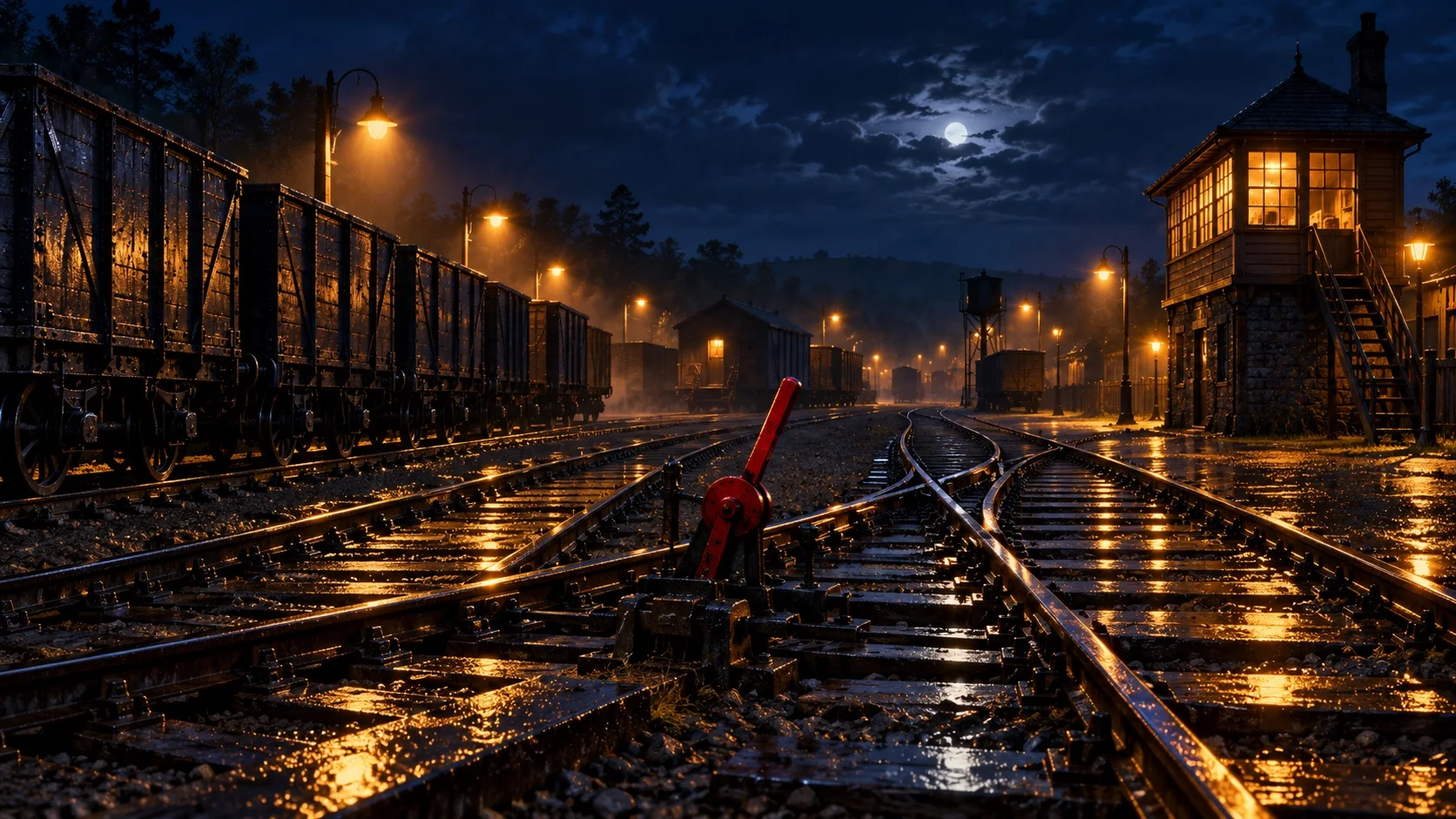 Um pátio ferroviário molhado à noite, com uma única alavanca de desvio carmesim acionada junto às agulhas, levando uma fila de vagões para um novo trilho.
