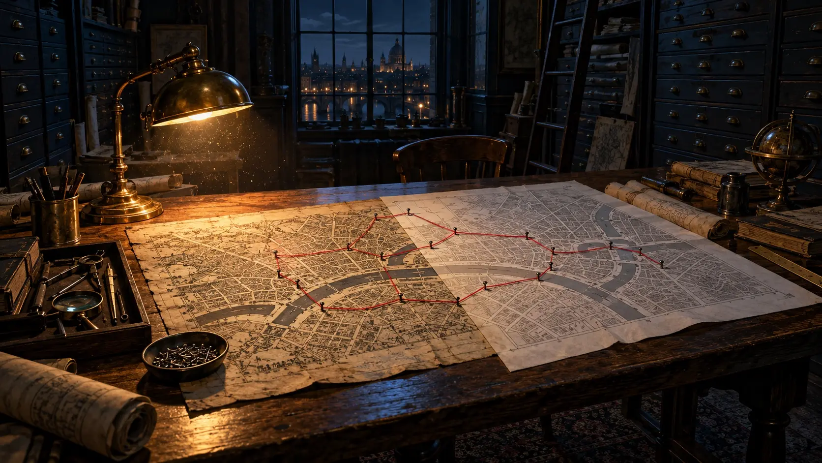 An archive table at night with an old city plan and a new one laid over it, joined point by point by a single crimson thread under a brass lamp.