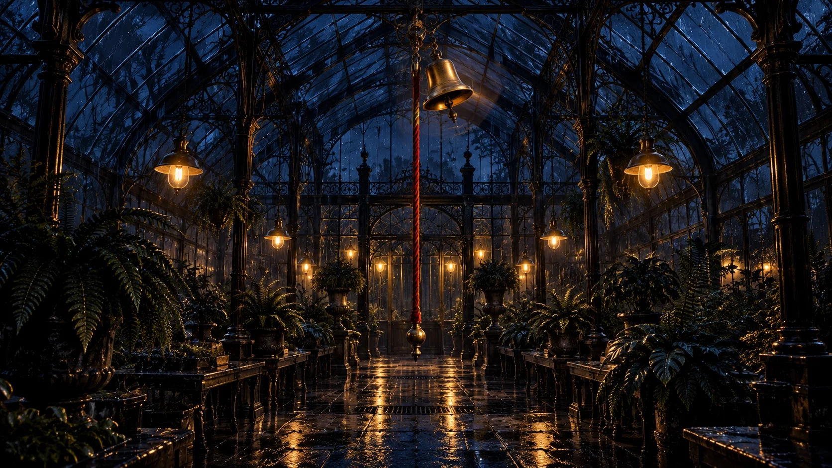 A dark greenhouse at night where a single crimson cord, just pulled, swings a small bell under warm lamplight.
