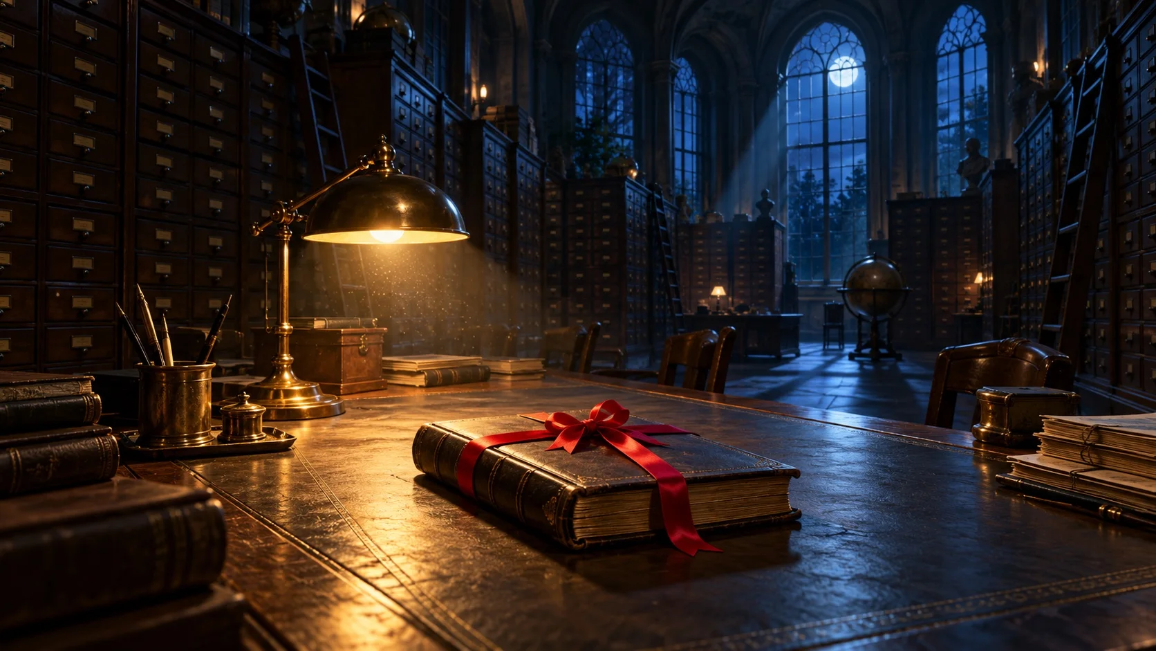 Arquivo antigo à noite, com gavetas de madeira na penumbra e uma luminária iluminando um livro de registros fechado por uma fita carmesim sobre a mesa.