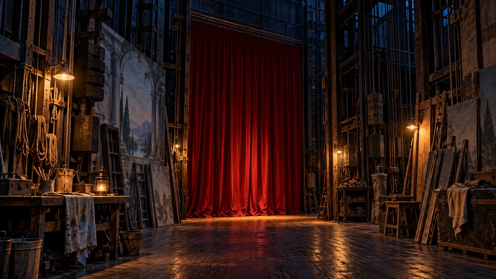 Backstage of an old theatre at night, with ropes, set pieces and amber work lamps around a single closed crimson curtain.
