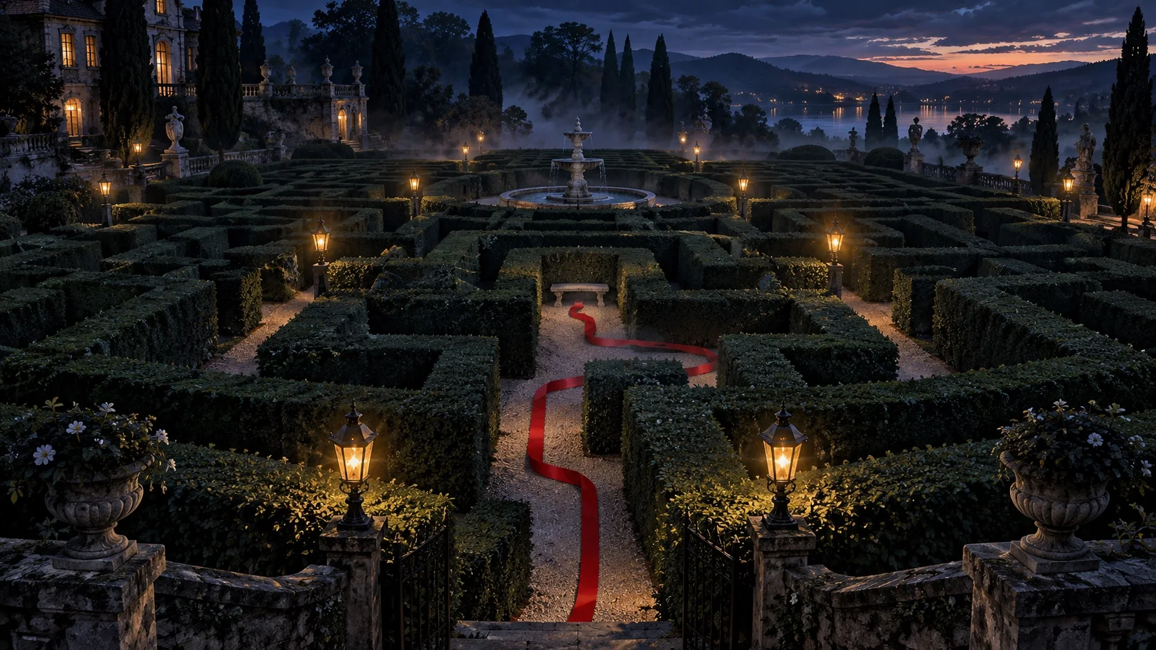 A lamplit hedge maze at blue hour with a single crimson ribbon tracing a route that ends at a dead end.