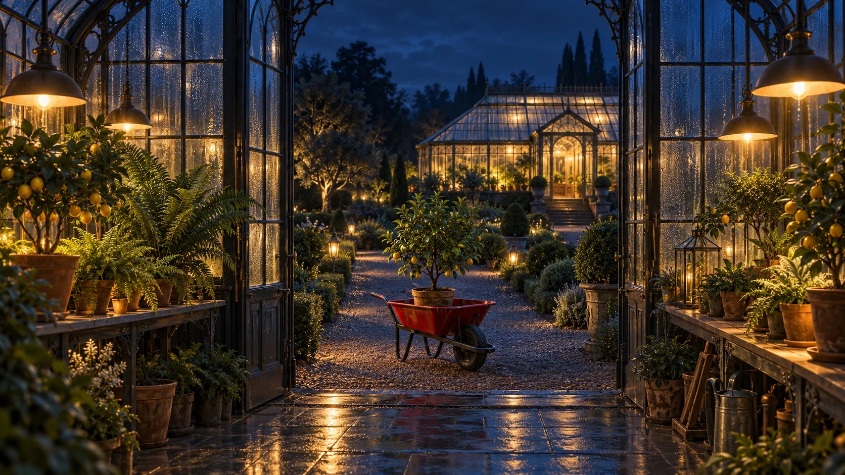A crimson wheelbarrow carrying a potted tree stands on a gravel path between an old greenhouse and a newer one, lit by amber lamps at night.