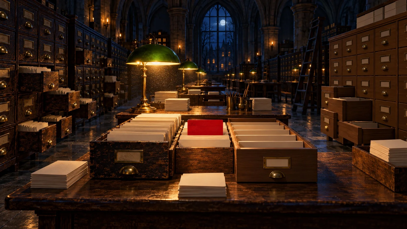 In a lamplit archive at night, stacks of index cards move from old oak drawers to a new cabinet, with one crimson card standing upright at the centre.