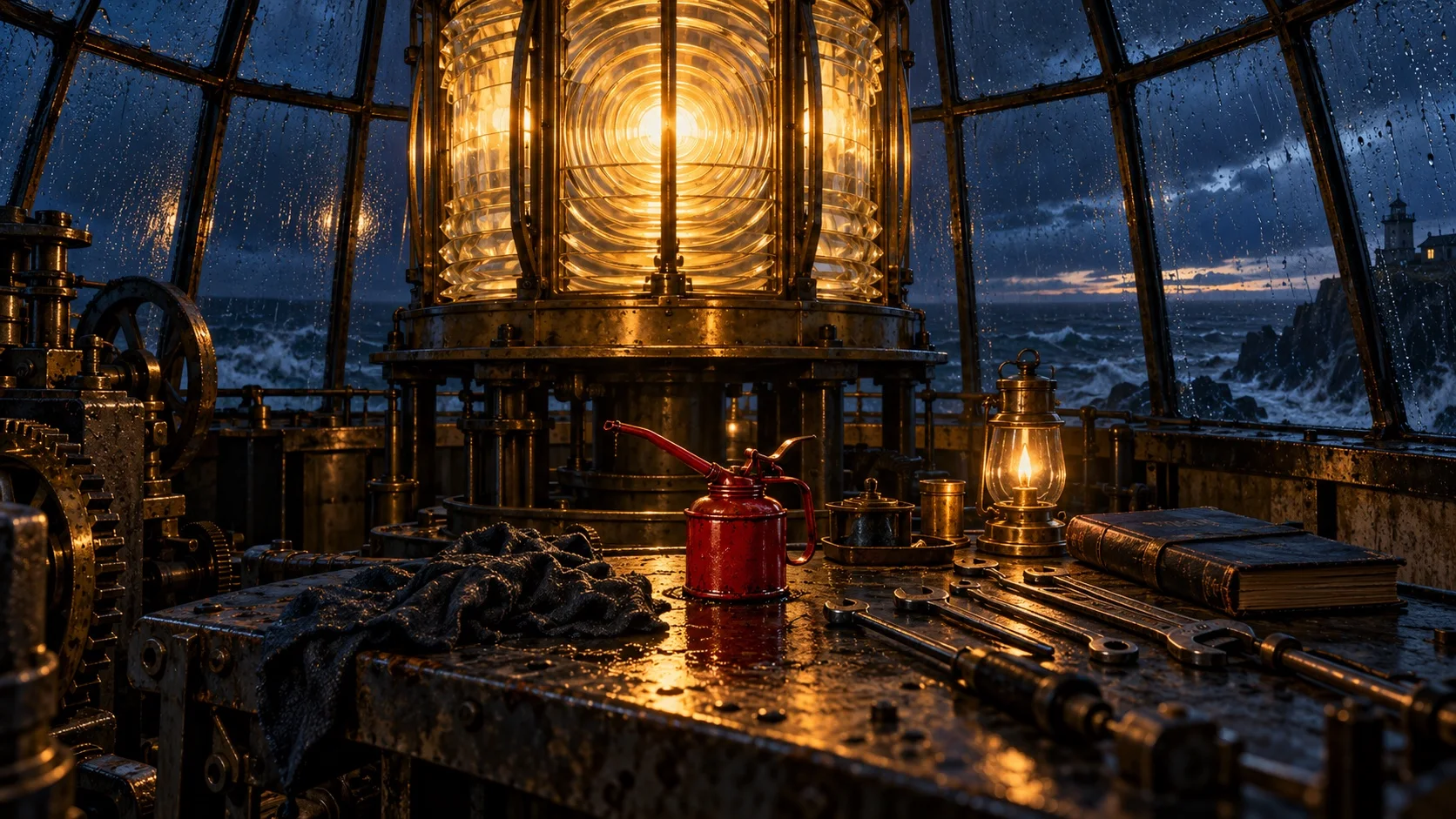 A lighthouse lantern room at blue hour with a glowing brass lens and, on the keeper's iron workbench among tools and a logbook, a single crimson oil can.
