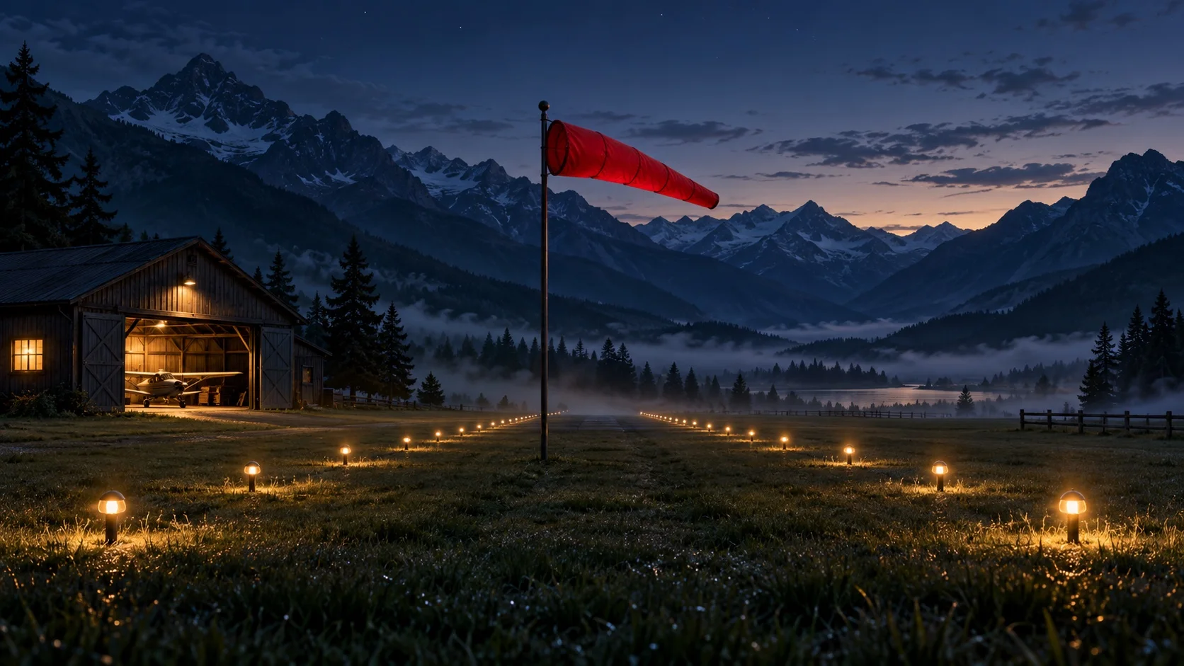 A grass airfield in a mountain valley at blue hour, with amber runway lamps leading to a single crimson windsock at the centre.