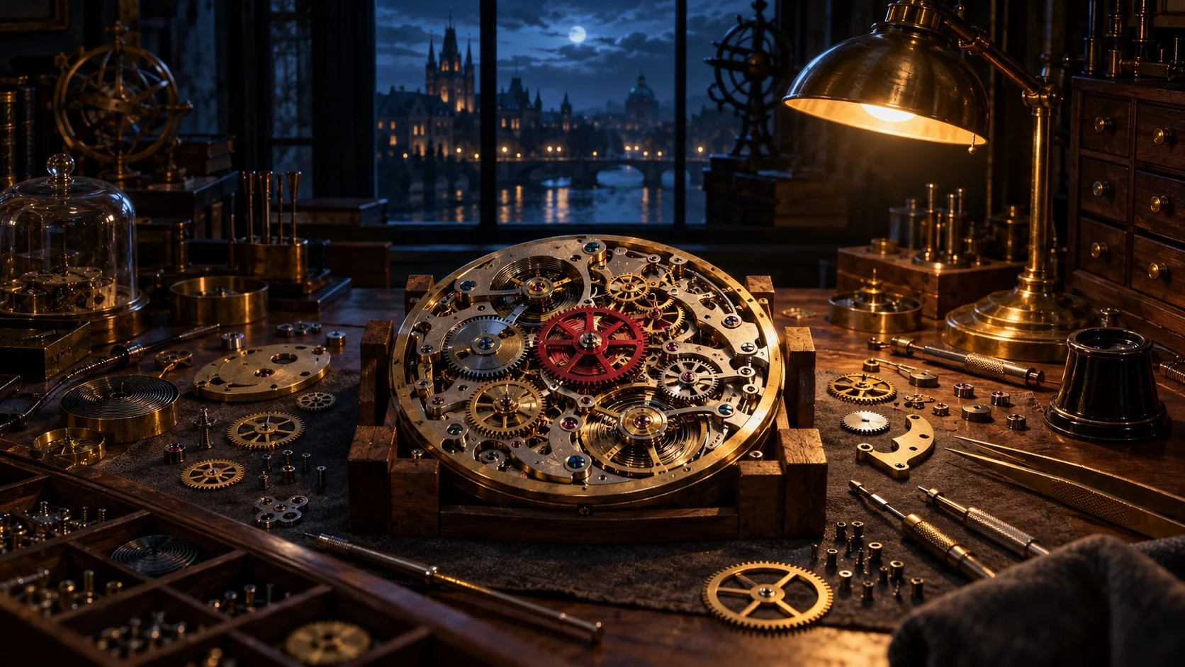 A watchmaker's bench at night under an amber lamp, with an open clock movement whose central gear is crimson among slate and brass parts.